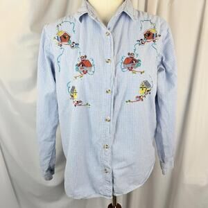 Cabin Creek Women's Blue Check Shirt Embroidered Bird Houses & Birds Cottage Lg